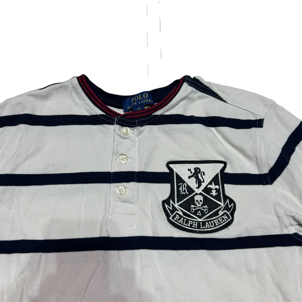 Camisa Polo Ralph Lauren Niños Grande 14-16 Calavera Huesos Cruzados Henley Rayas Blancas Foto 2 de 4