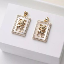 1pcs Shell Rose Flower Pendant, CZ Pave Rectangle Charm, Mop Shell Pendant