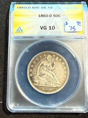 1860 O SEATED LIBERTY HALF DOLLAR ANACS VG 10 002