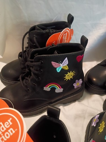 Girls Wonder Nation Embroidered Black Lace Up & Zipper Combat Boots