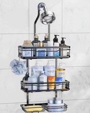 OMAIRA Shower Caddy Hanging with Soap Scrub Holder, Stainless Steel Black