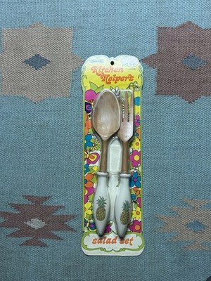 NEW 1970s Vintage Nevco kitchen helpers salad set spoon fork wood pineapple MCM