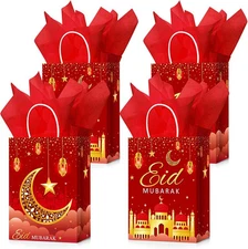 16 Sets Eid Mubarak Gift Bags with Tissue Paper, Ramadan Goodies Bags for Ram...