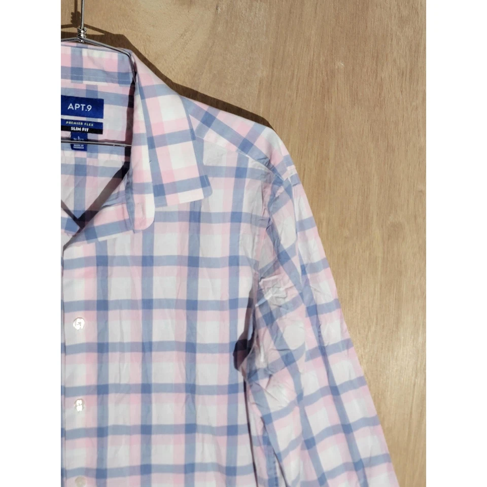 APT. Camisa de vestir 9 Premier Flex para hombre L rosa azul a cuadros calce ajustado elástica moderna Foto 3 de 4