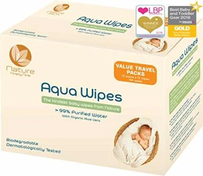 AQUA WIPES Baby Wipes 12 X 12 Wipe Travel Packs 144 Wipes 100 Biodegradable PLASTIC FREE W