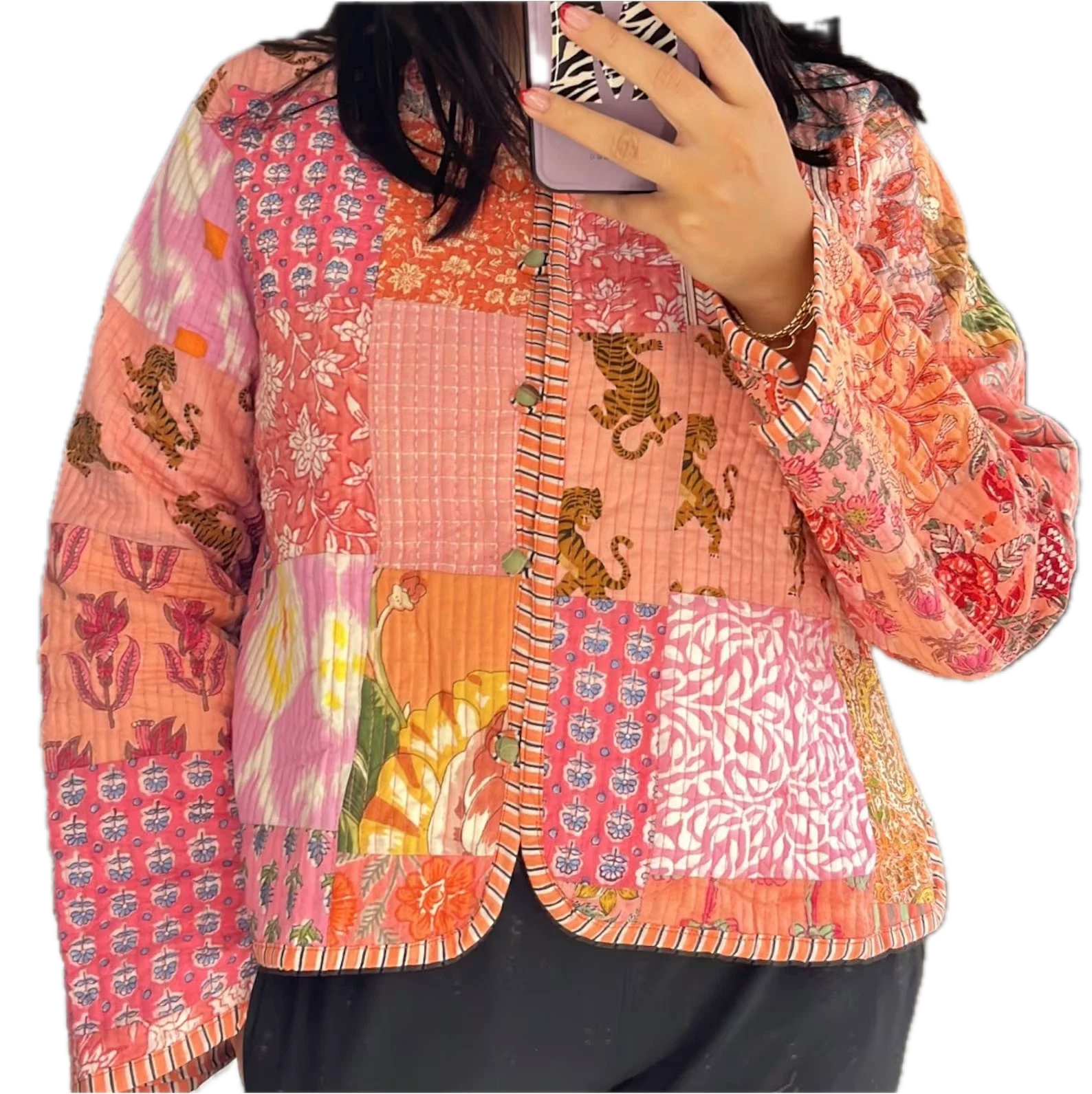 Indian Peach Patchwork 100% Cotton Quilted Unisex Jacket Women's Clothing Jacket