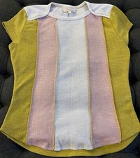 Women’s Sugarfox Capped Sleeve Color block Pink Yellow EUC Top Blouse Size Med