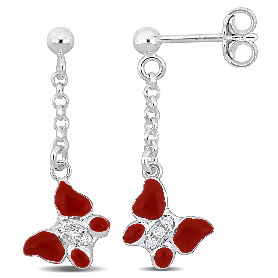 Pendientes colgantes mariposa esmalte rojo circonita cúbica de plata de ley Amour