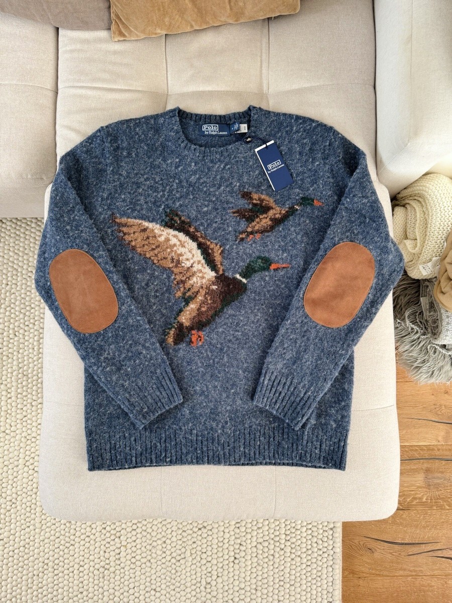 Polo RALPH LAUREN WOOL JUMPER Mens Duck Wild Geese Blue Elbow Patches L  Large