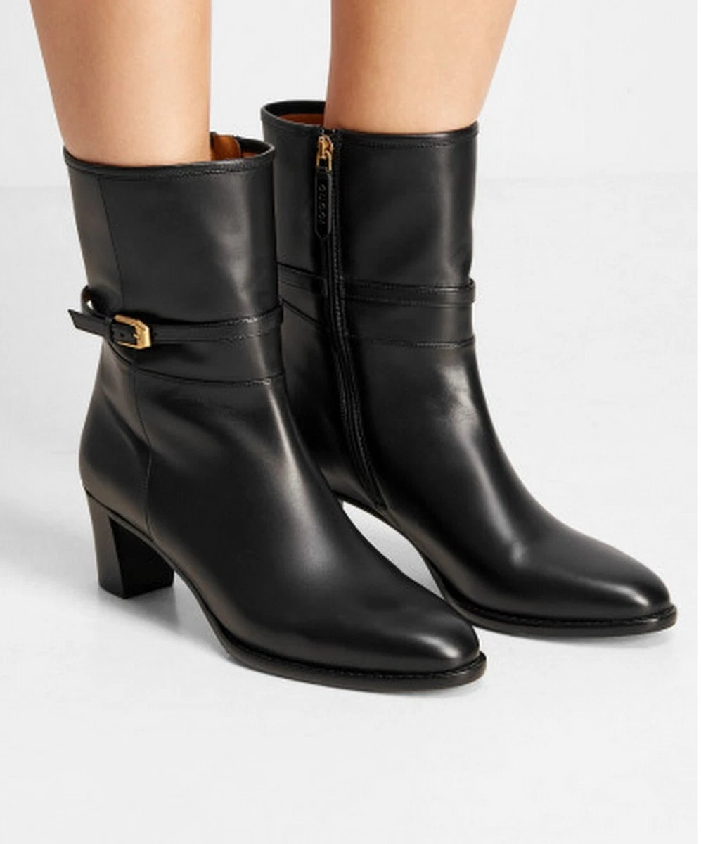 Gucci $1590 Black Leather Charlotte Ankle Boots Logo Heel EU36, US 6, EU38,  US 8