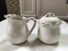 Village Collection Creamer & Sugar Bowl Cream/Brown Scallop Rim by Park Designs