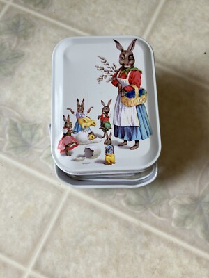Metal Easter Gift Box Bunny Rabbit Handled Basket VTG Eastertide Trinket Tin