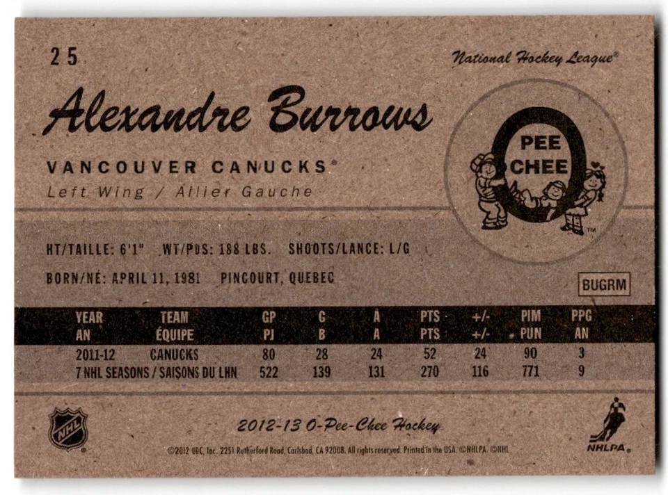 Alexandre Burrows 2012-13 O-Pee-Chee Retro #25 Vancouver Canucks - Image 2 of 2