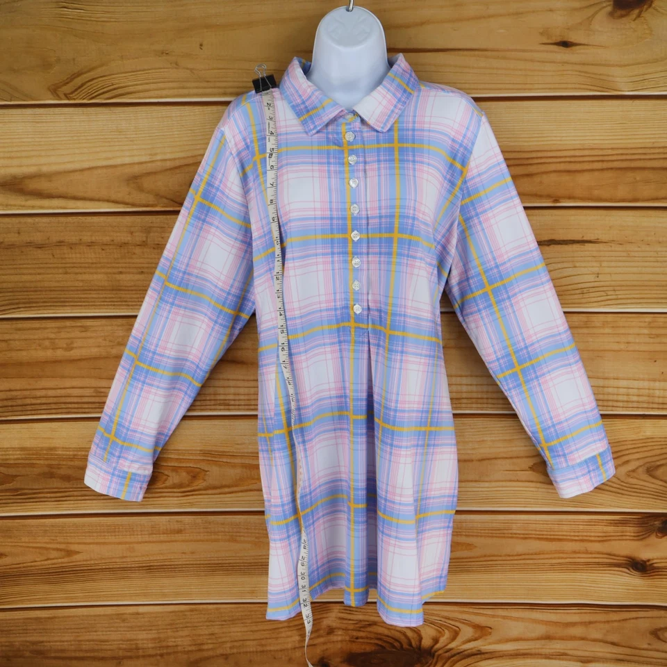 Woman Within Long Sleepshirt Womens L Colorful Plaid Collared Long Sleeves Soft - Image 3 of 4