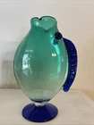 Blenko Upright Glass Fish Vase, Green And Cobalt Blue - 12 In