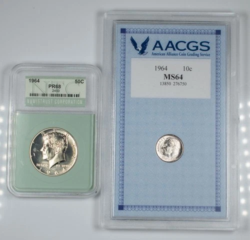 1964 Proof Kennedy Half Dollar 50c 1964 Roosevelt Dime 10c Lot of 2