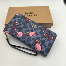 Coach Long Zip Around Wallet In Signature Canvas With Cherry Print CZ328