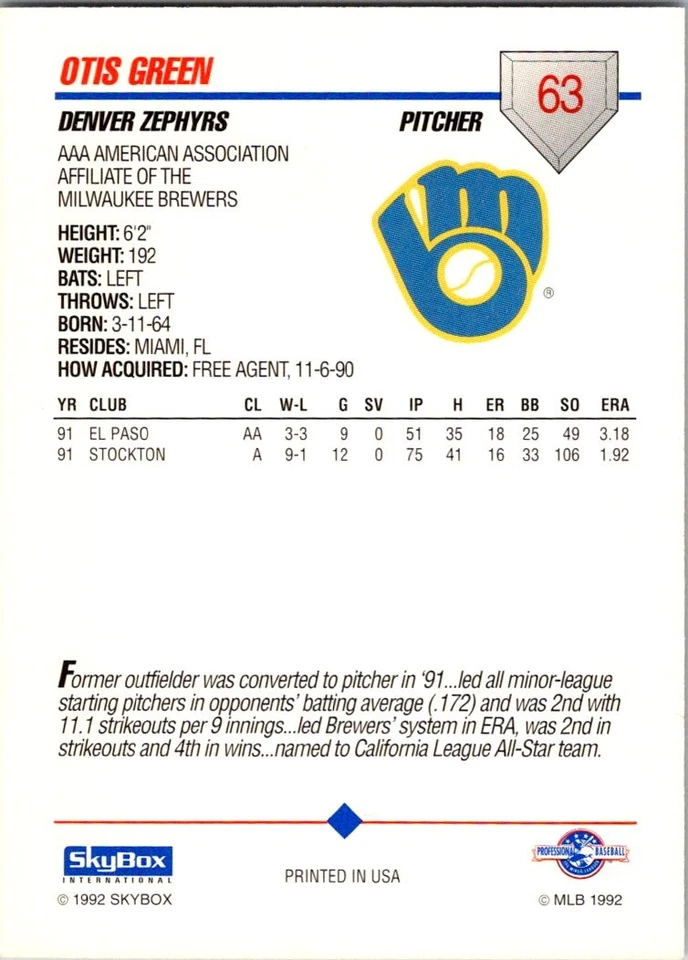 Otis Green 1992 SkyBox AAA #63 Denver Zephyrs - Image 2 of 2