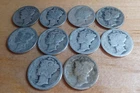 TEN{10} US MERCURY DIMES 90% SILVER WORN GOOD CONDITION AT BEST CIRCULATED  1182