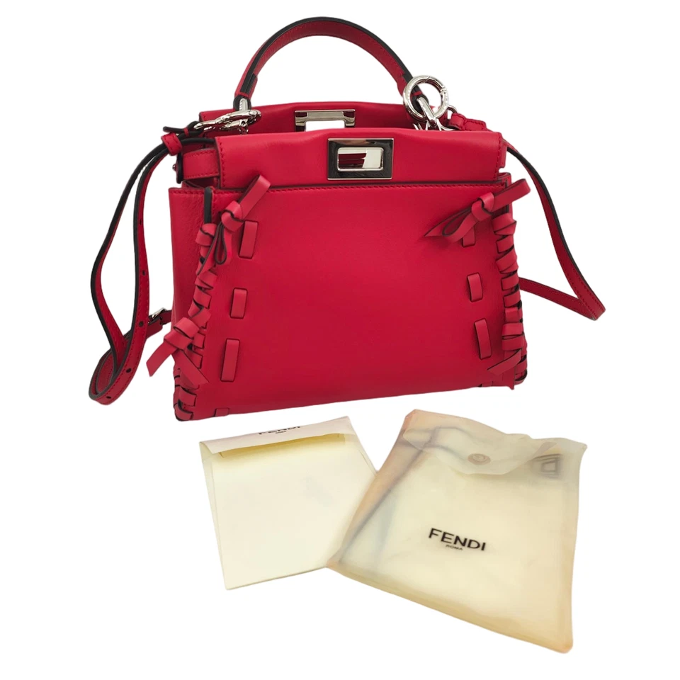 Fendi Peekaboo Small Red Handle Bag Woven Leather with Bow Detail Women - Image 2 of 4