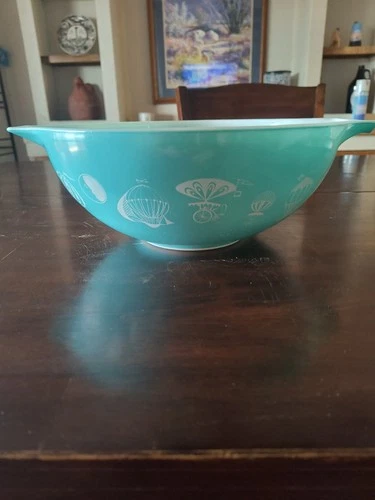 Vintage Pyrex #444 Cinderella Bowl 4 Qt Turquoise Hot Air Balloons