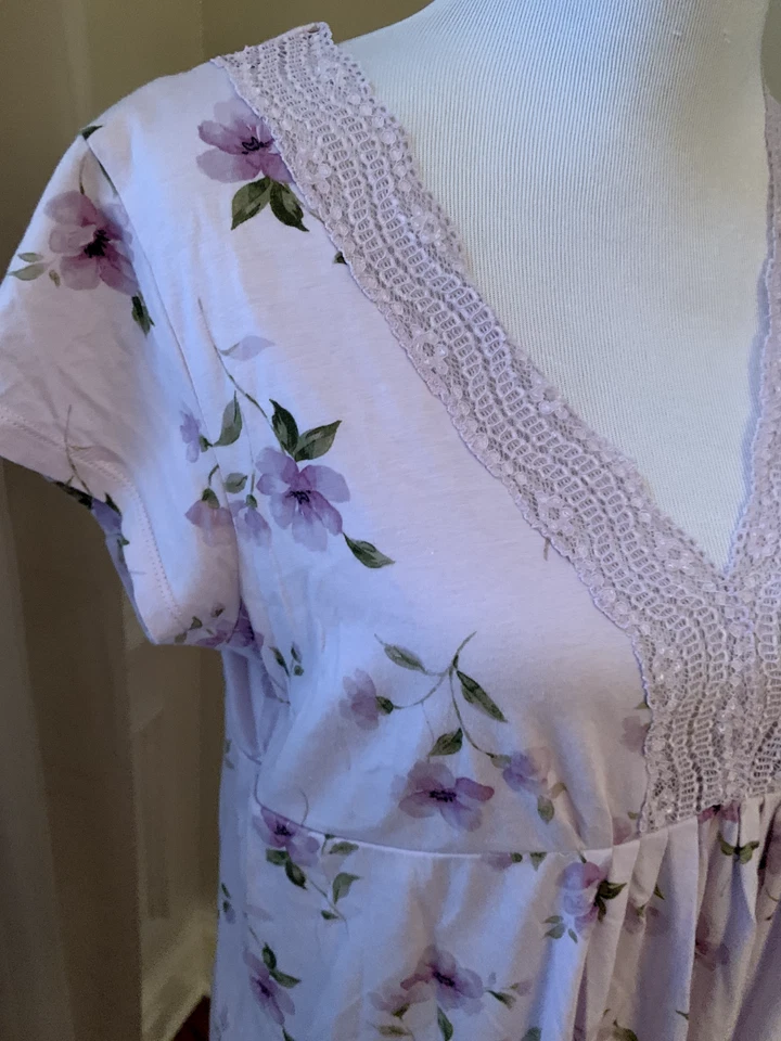 Liz Claiborne Camisón Mediano M Vestido Mezcla Algodón Punto Morado Floral Encaje Foto 3 de 4