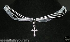 Organza Ribbon Necklace : Silver Christian Cross Pendant Charm White 17"