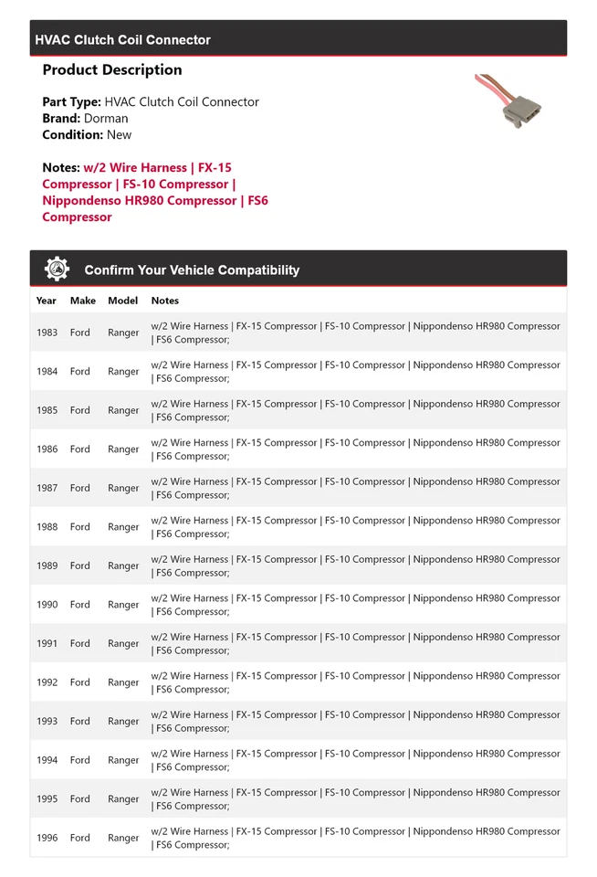For 1983-1996 Ford Ranger Dorman HVAC Clutch Coil Connector 1984 1985 1986 1987 - Image 2 of 4
