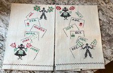 2 Vintage Set Months Of Year Hand Embroidered Kitchen Dish Towels Linen Unused