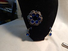VTG 1950S 60S SILVER TONE RICH BLUE STONES BROOCH EARRING SET COSTUME PIN NICE
