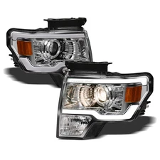 Topline For 2009-2014 Ford F150 LED Strip Bar Projector Headlights Amber Chrome