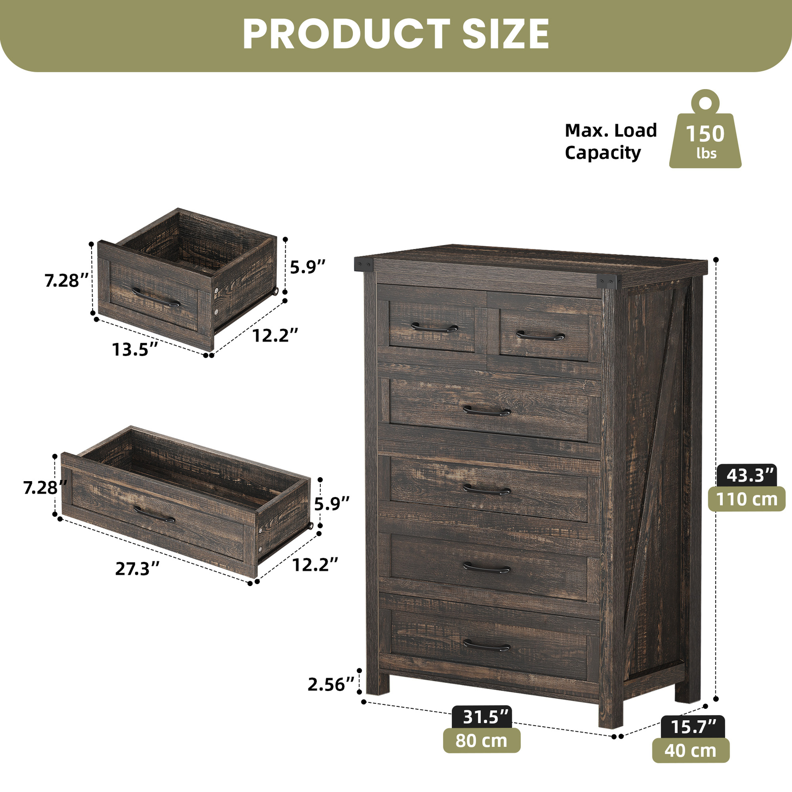 Tall 6 Drawer Dresser Dark Wood Storage Chest Bedroom Furniture Storage Cabinet