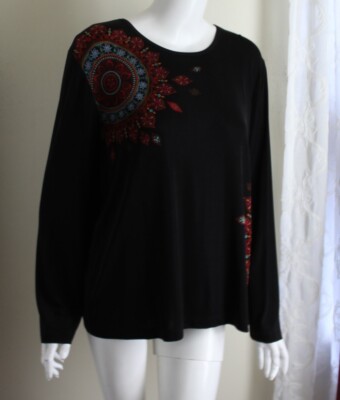 Chico's Travelers Sz 3 XL Brown Funky Graphic Floral Artsy Blouse Shirt Top