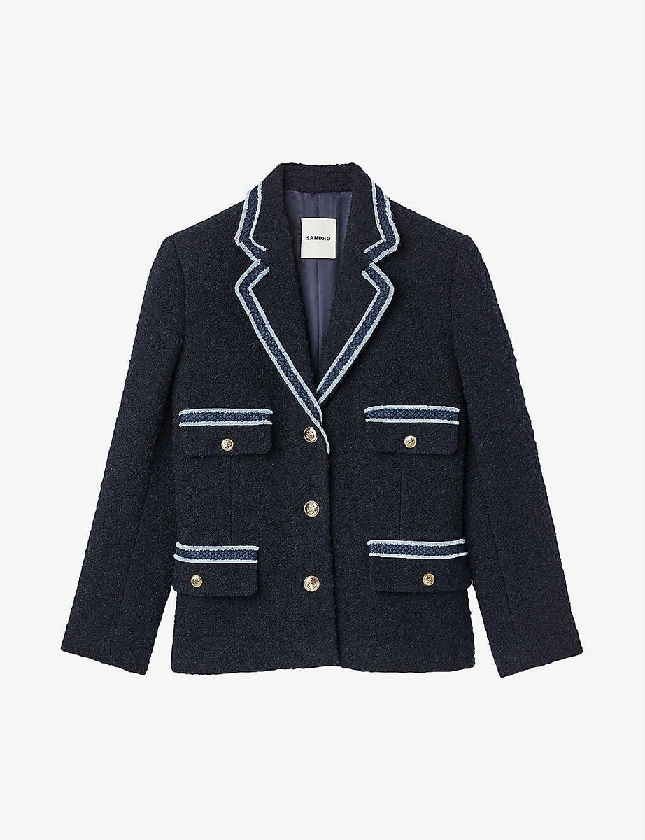 NEW Sandro Paris Tweed Jacket with Contrasting Trim in Navy NEW Sandro Paris Tweed Jacket with Contrasting Trim in Navy