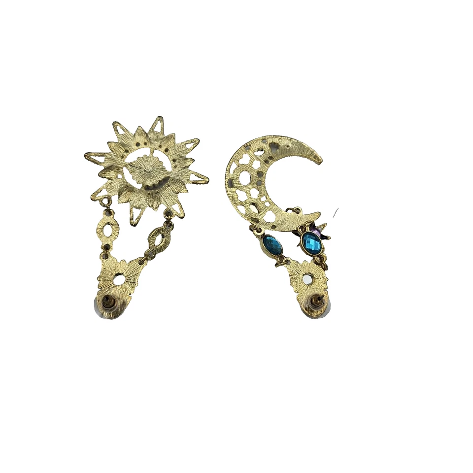 Pendientes llamativos de diamantes de imitación luna sol/estrella cabujón púrpura poste trasero colgantes usados en excelente estado Foto 2 de 4