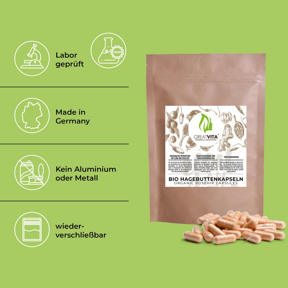 420 Bio Hagebutten Kapseln 500mg 100% reines Hagebuttenpulver ohne Zusätze vegan - Bild 3 von 4