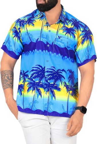 LA LEELA Men's Hawaiian Short Sleeve Button Down Shirts L Palm, Blue - 第 1/3 張圖片
