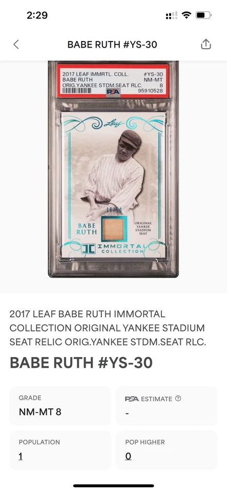Leaf Babe Ruth Immortal Collection 2017 - Yankee Stadium Seat Blue Spectrum POP 1 Foto 4 de 4