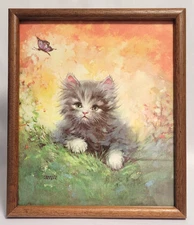 Vintage Florence Kroger Kitten Cat Art Print  Wood Frame 14" x 12" Wall or Table