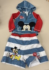 Disney Mickey Baby 6-9 M Boys Swim Set Hooded Long Sleeve Top  Trunks EUC
