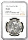 1952 Canada Silver Dollar, NGC MS 63, KM-46, Brilliant White