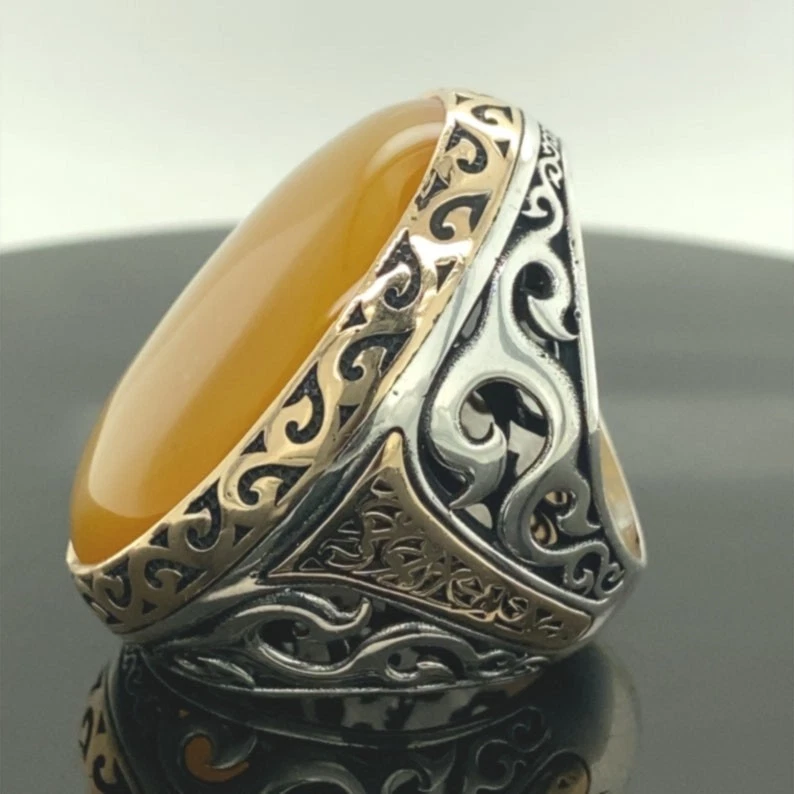 Anillo de piedra de ágata grande natural hecho a mano de ley 925 para hombre Foto 2 de 4