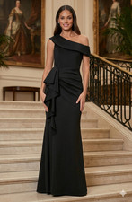 NEW XSCAPE Ruffle One-Shoulder Scuba Knit Maxi Gala Gown Black Size 10 NWT $268