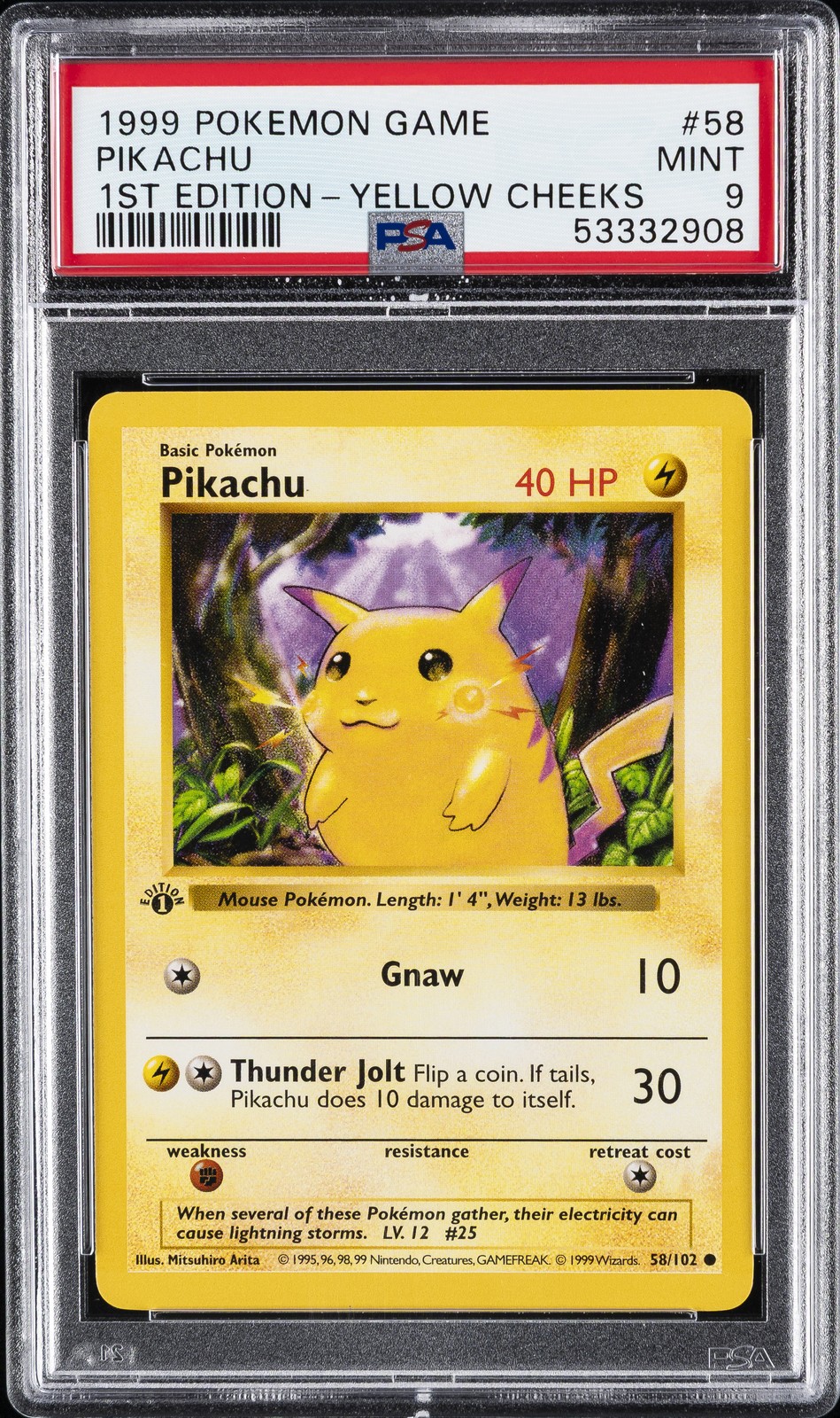 1999 POKEMON BASE SET 1ST EDITION-YELLOW CHEEKS #58 PIKACHU PSA 9