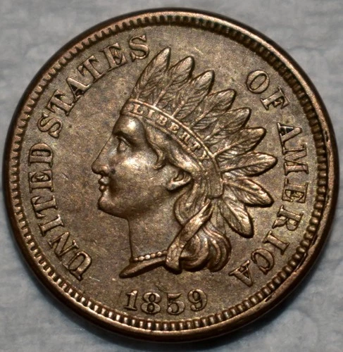 About Uncirculated 1859 Indian Head Cent, Razor-Sharp, Lustrous, 1st Year Issue.