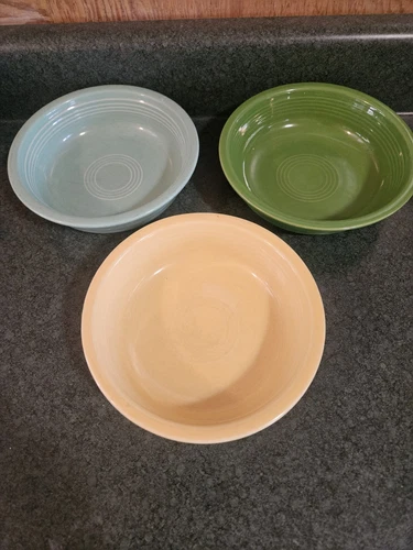 3 Stacking Fiestaware Cereal Bowls 7“  Green Lt Blue and Yellow