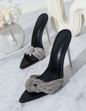 Women's Black Shiny Lace Up Rhinestone High Heel Sandals