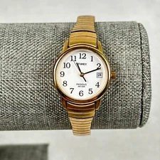 Timex Watch Womens Easy Reader Date White Dial Gold Tone Stretchy New Battery
