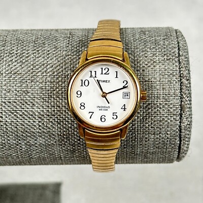 Timex Watch Womens 25mm Round Date White Dial Gold Tone Stretchy New Battery