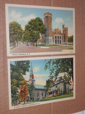 OGDENSBURG NY - TWO 1930-1950 ERA POSTCARDS - ARMORY - ST. MARY'S CATHEDRAL
